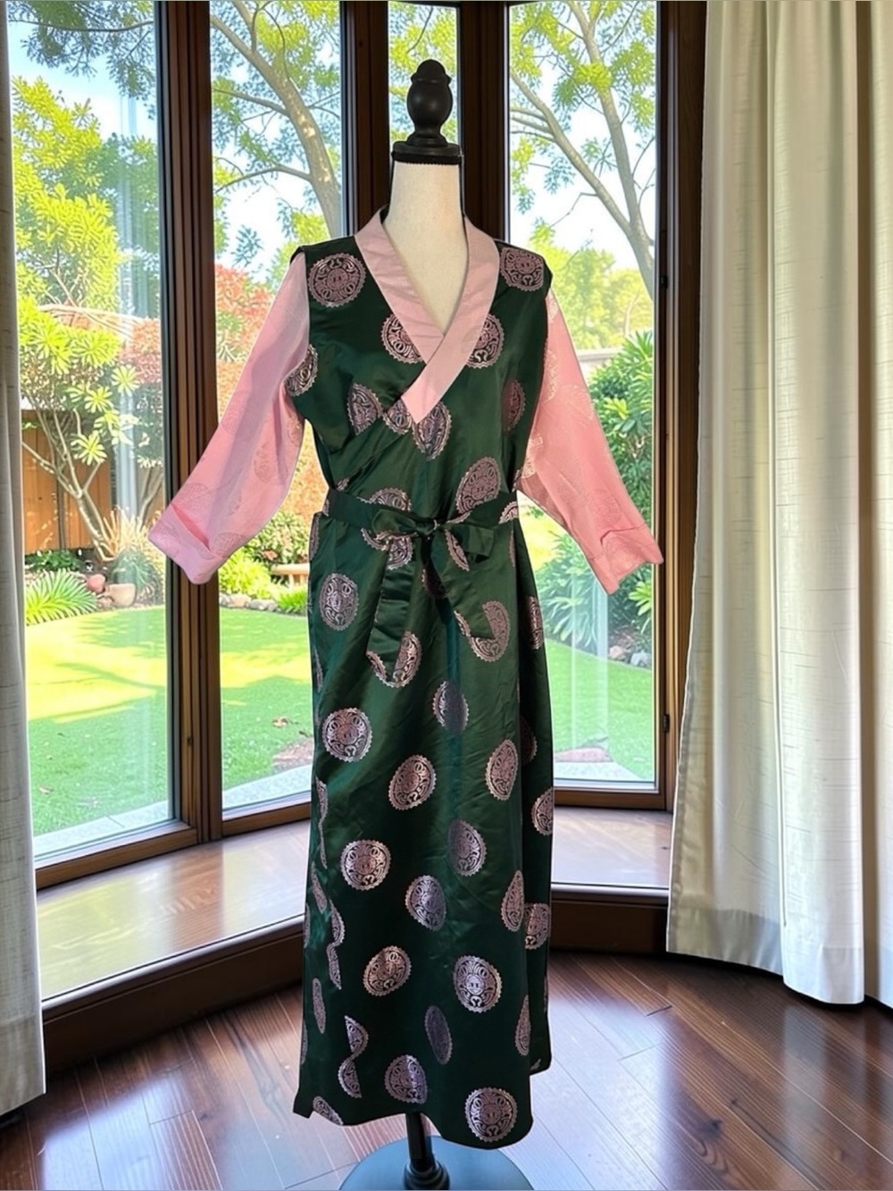 Muskan Tailors Tibetan Emerald Green Chuba Bakhu & Pink Honju Faux Wrap